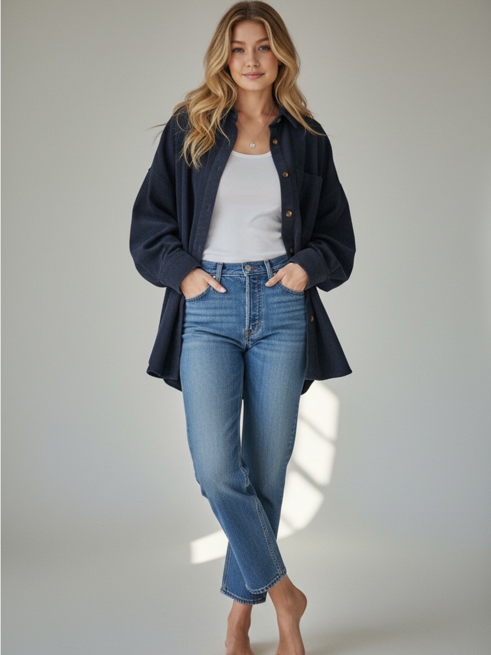 638. Navy blue oversized corduroy button down Shacket